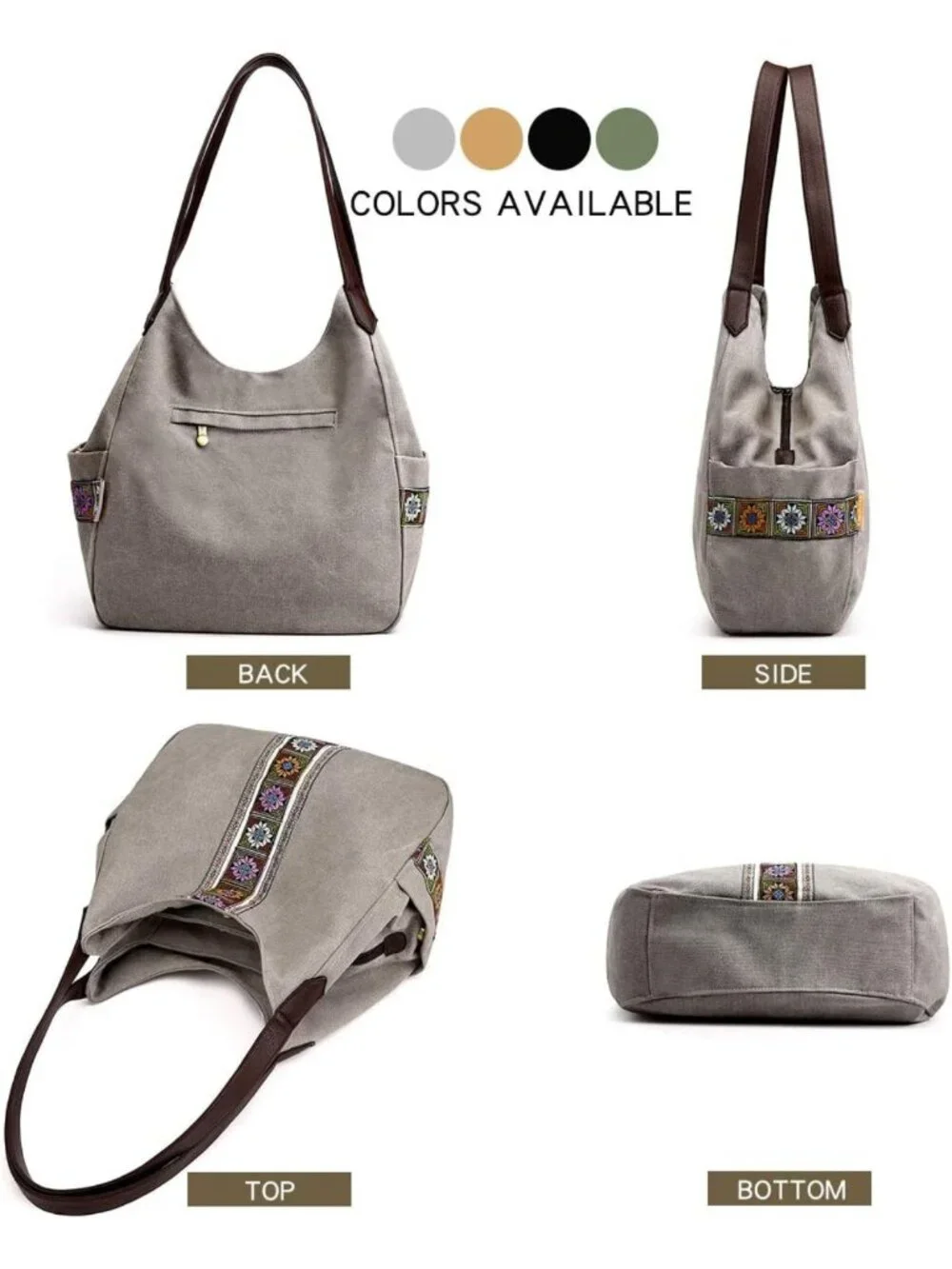 Stylish Women’s Canvas Hobo Tote Bag - Multi Pocket, Embroidered Shoulder